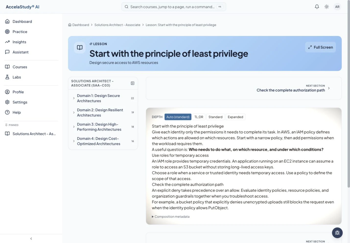 A current adaptive lesson with its depth controls and study material.