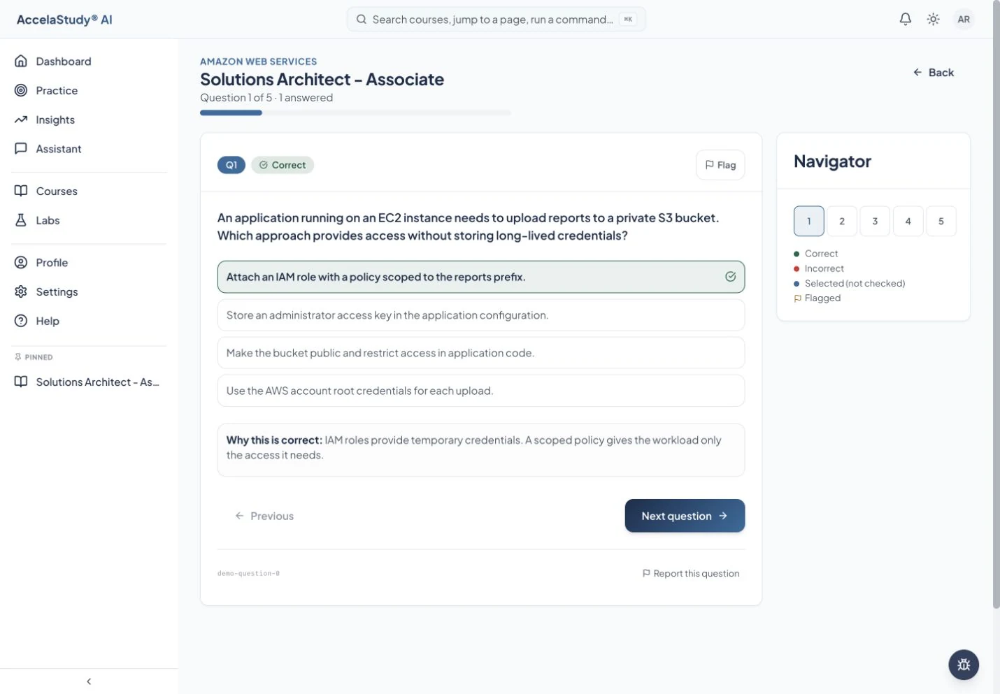 Practice questions pair each answer with feedback on the underlying concept.